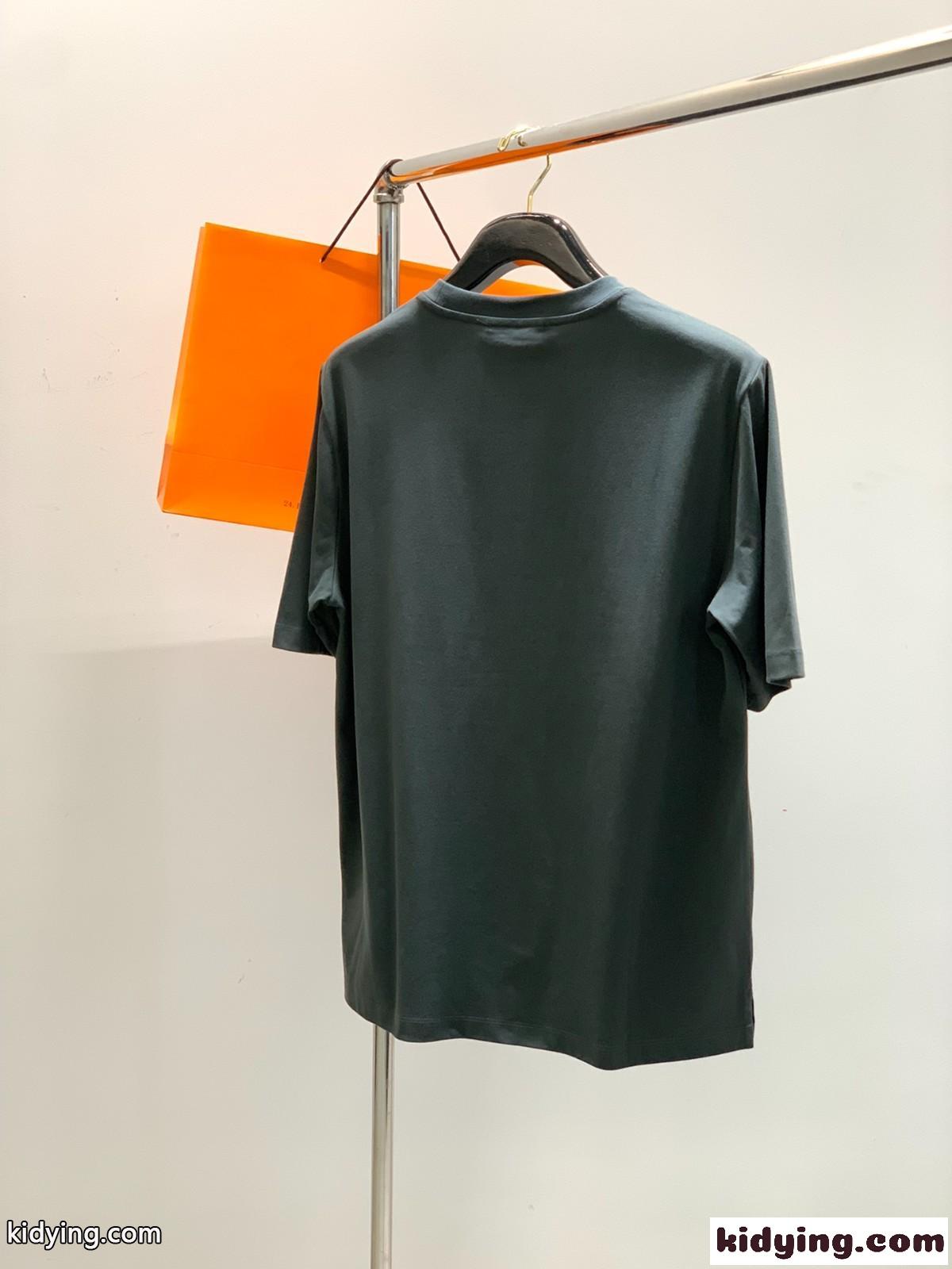 おしゃれ カジュアル エルメス Tシャツ コピー コットン 半袖Tシャツ ダークグリーン-1