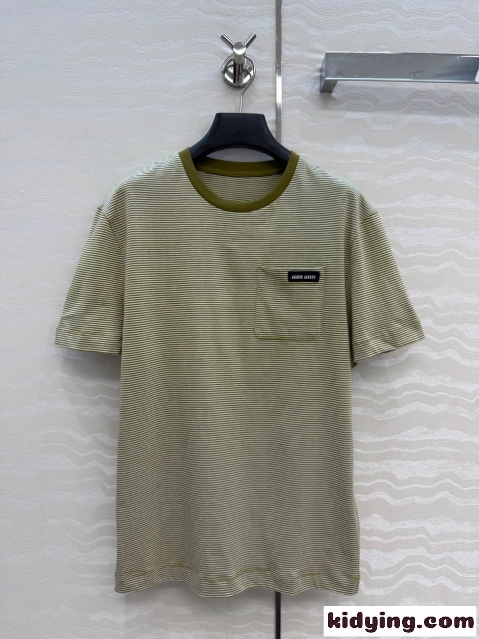 爽やか ボーダー柄 半袖tシャツ ミュウミュウ Tシャツ コピー グリーン-0