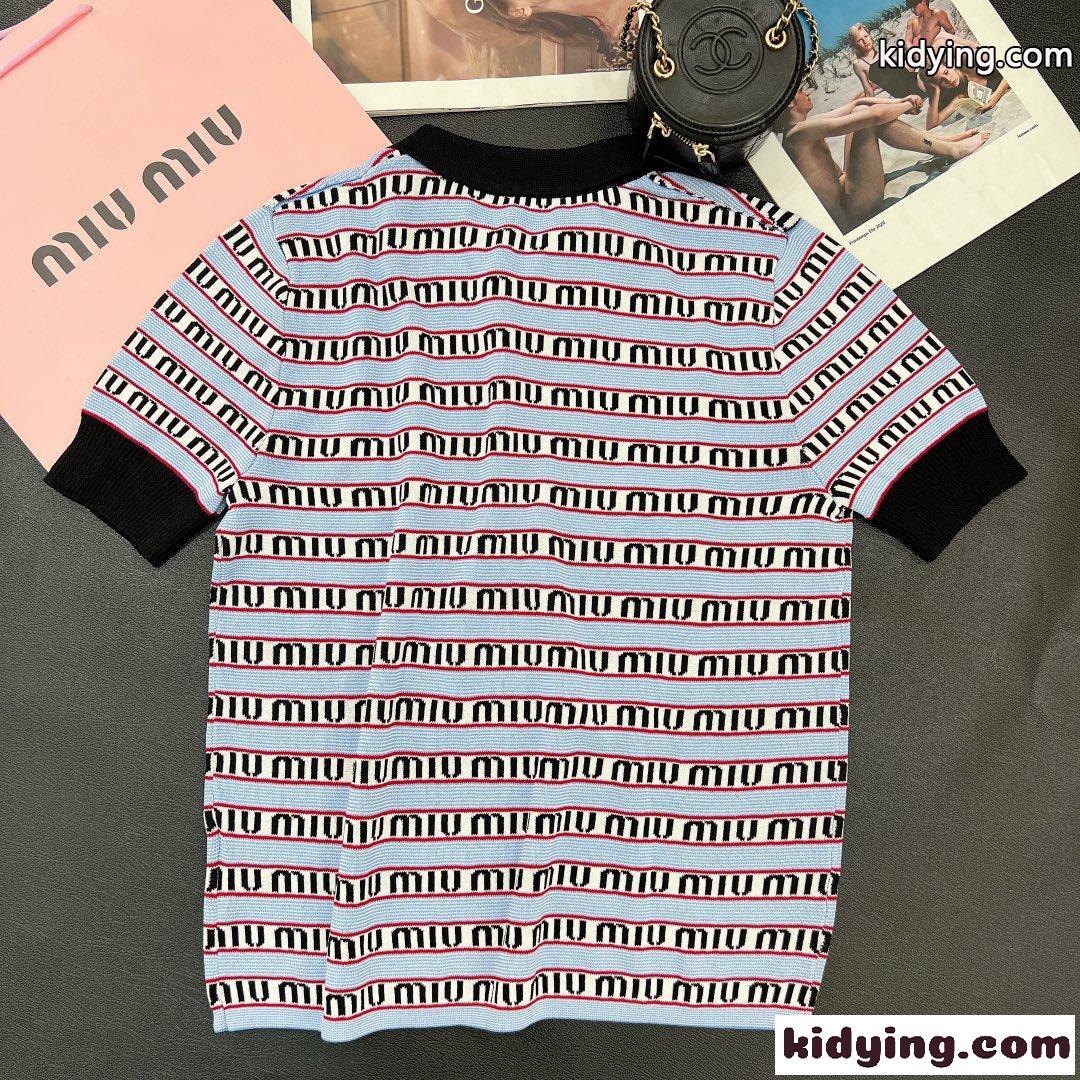おしゃれ カジュアル ニット 柔らかい 着心地いい ロゴ ミュウミュウ 半袖tシャツ コピー ポロネック レディース 可愛い-0