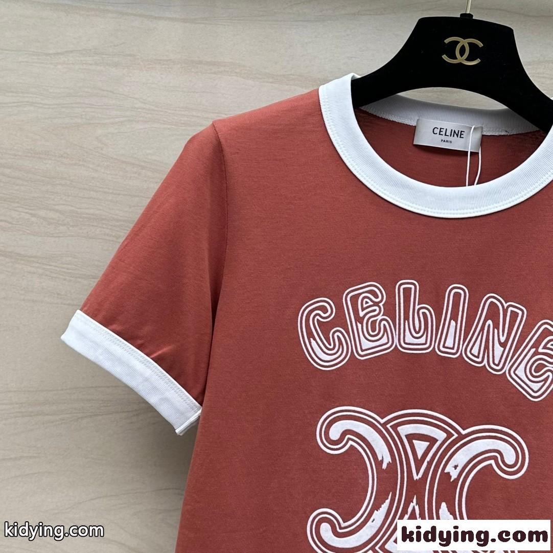 定番 人気 ロゴ クルーネック 半袖Tシャツ セリーヌ Tシャツ コピー レンガ-1