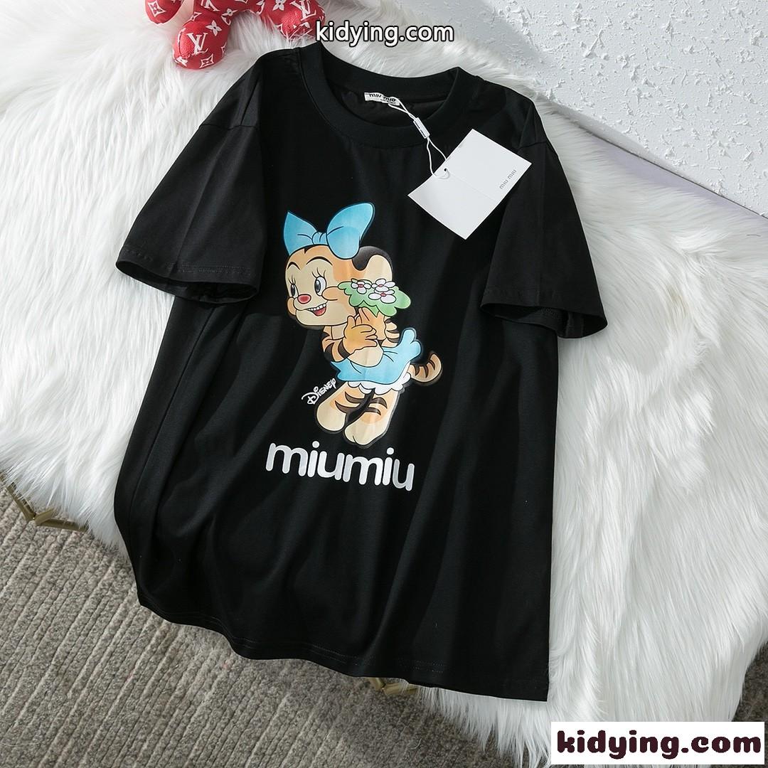 人気 ゆったり 体型カバー 可愛い プリント ミュウミュウ 半袖tシャツ コピー コットン 着心地いい ラウンドネック-0