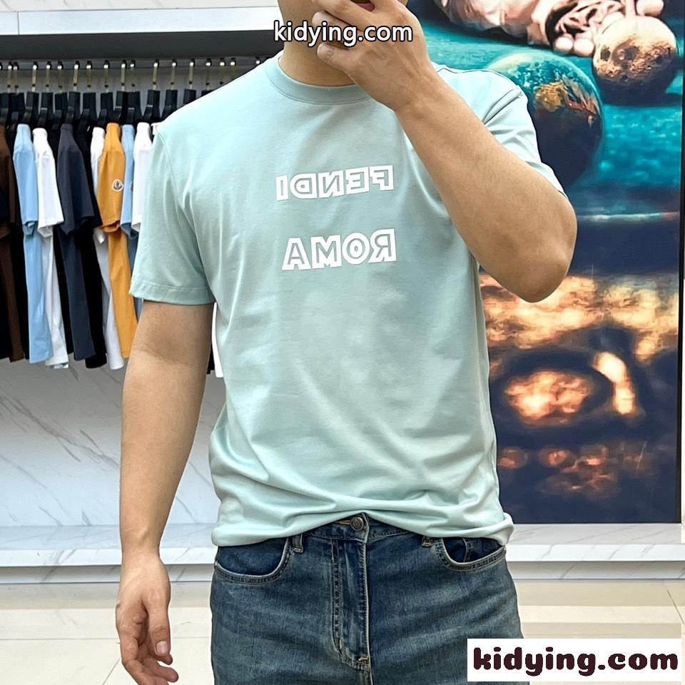 カジュアル シルケット コットン フェンディ 半袖Tシャツ コピー ブルー-1