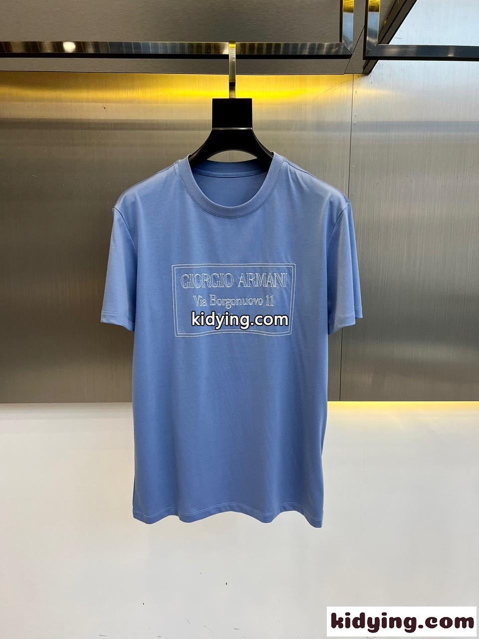 カジュアル ロゴ アルマーニ 半袖Tシャツ コピー クルーネック ブルー-0