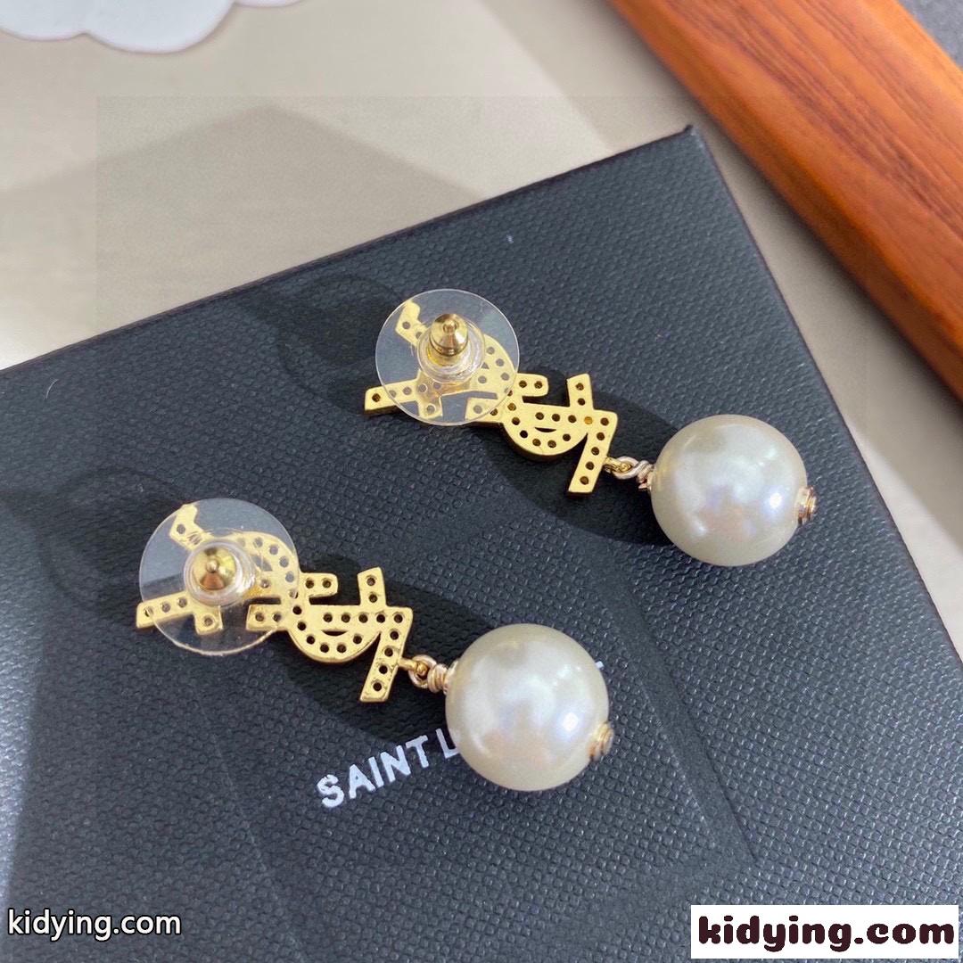 イヴ・サンローラン ピアス コピー キラキラ ラインストーン YSL モノグラム パール-3