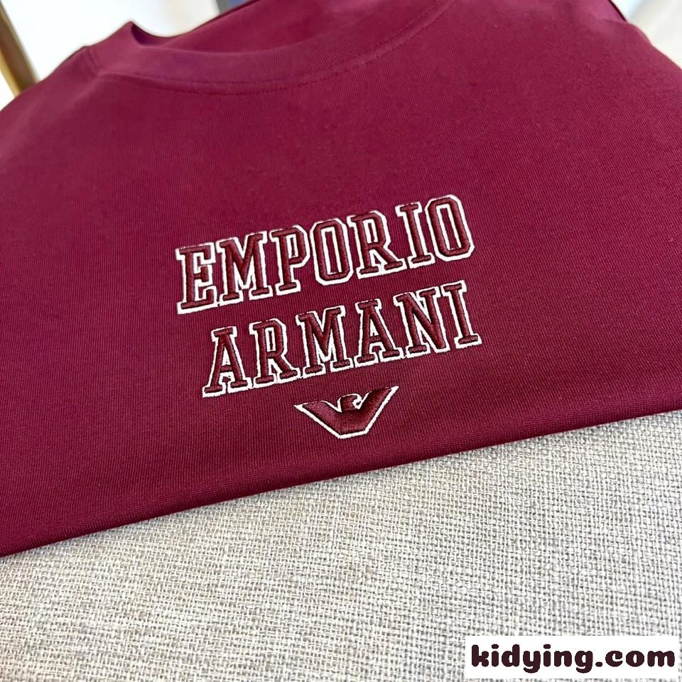 シンプル 刺繍入り アルマーニ Tシャツ コピー クルーネック レッド-2