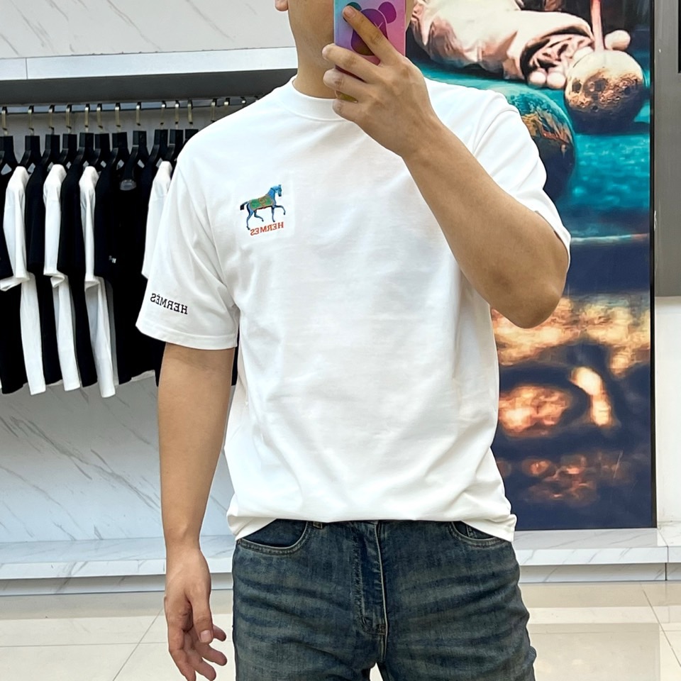 カジュアル 合わせやすい クルーネック エルメス Tシャツ 偽物 半袖Tシャツ ホワイト-1