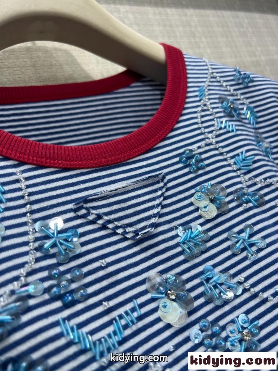 スパンコール刺繍 ボーダーストライプ 半袖Tシャツ プラダ Tシャツ 偽物-4