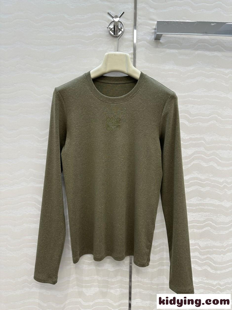 ロエベ Tシャツ 偽物 シンプル アナグラム刺繍 長袖Tシャツ トップス グリーン-2