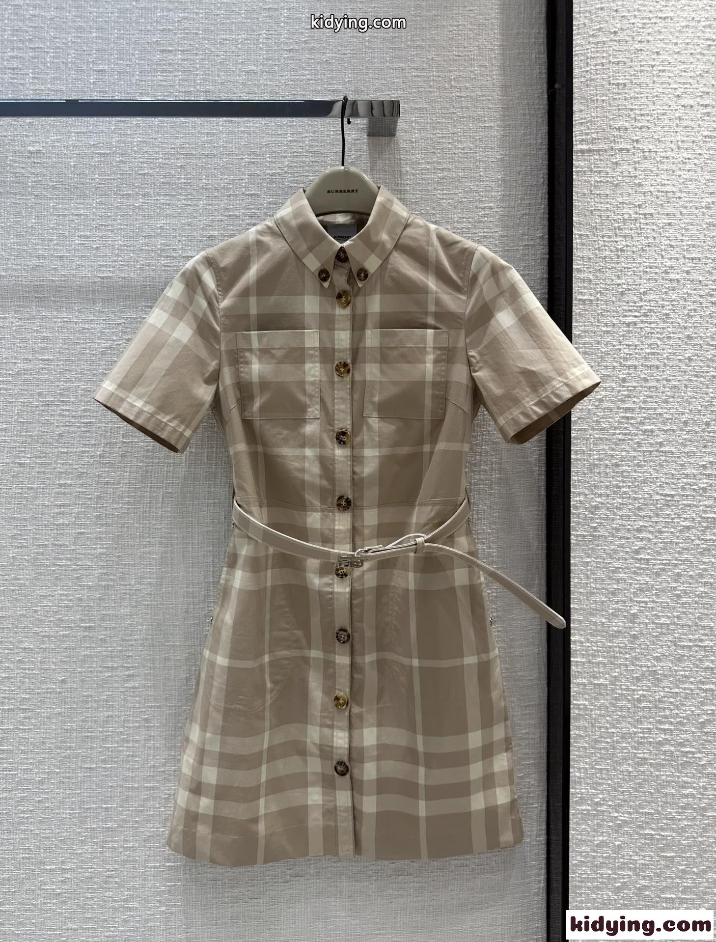 チェック コットン シャツドレス バーバリー ワンピース コピー 半袖 ベルト付き-2