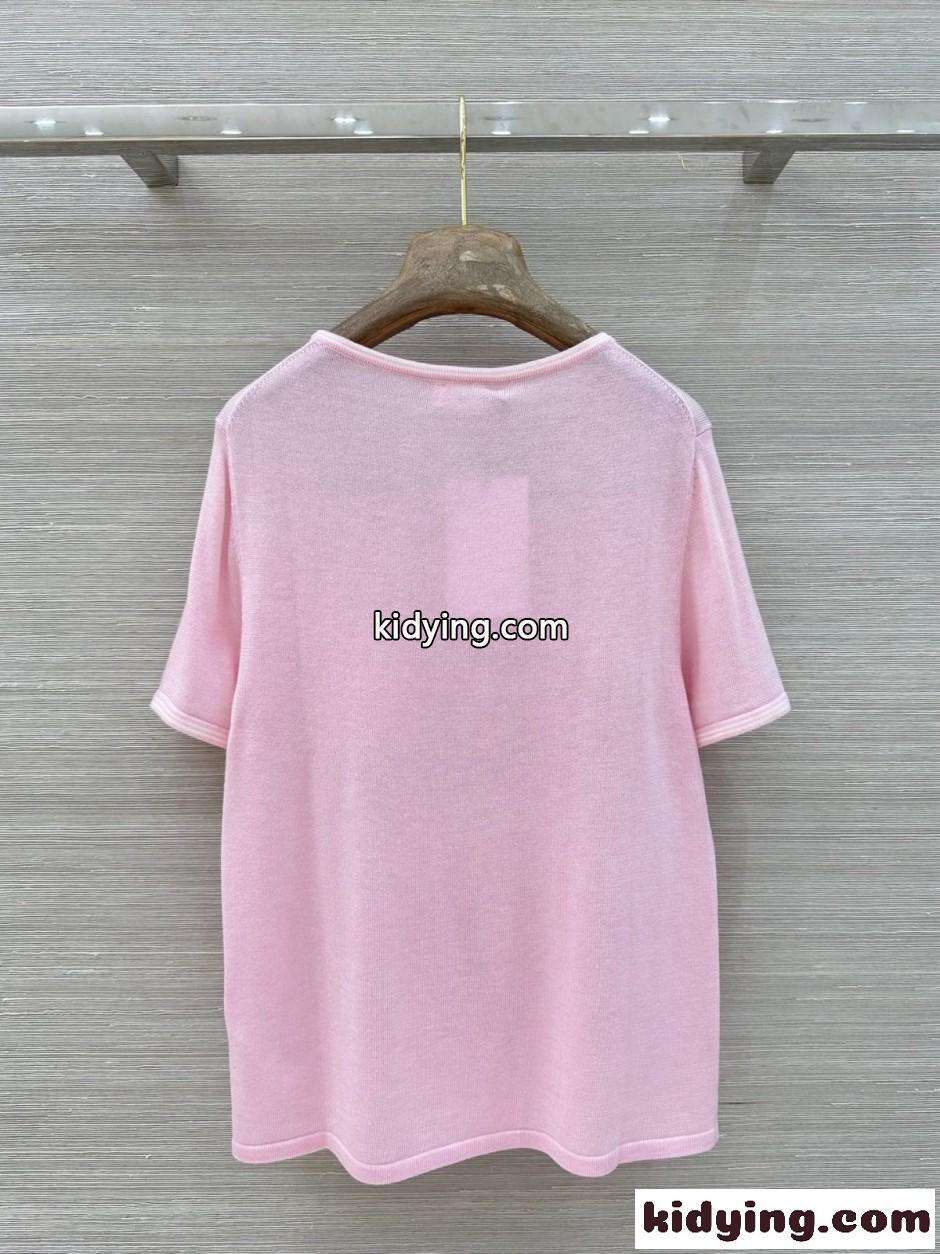 トリオンフ刺繍 クルーネックニットTシャツ セリーヌ Tシャツ 偽物 ピンク-4