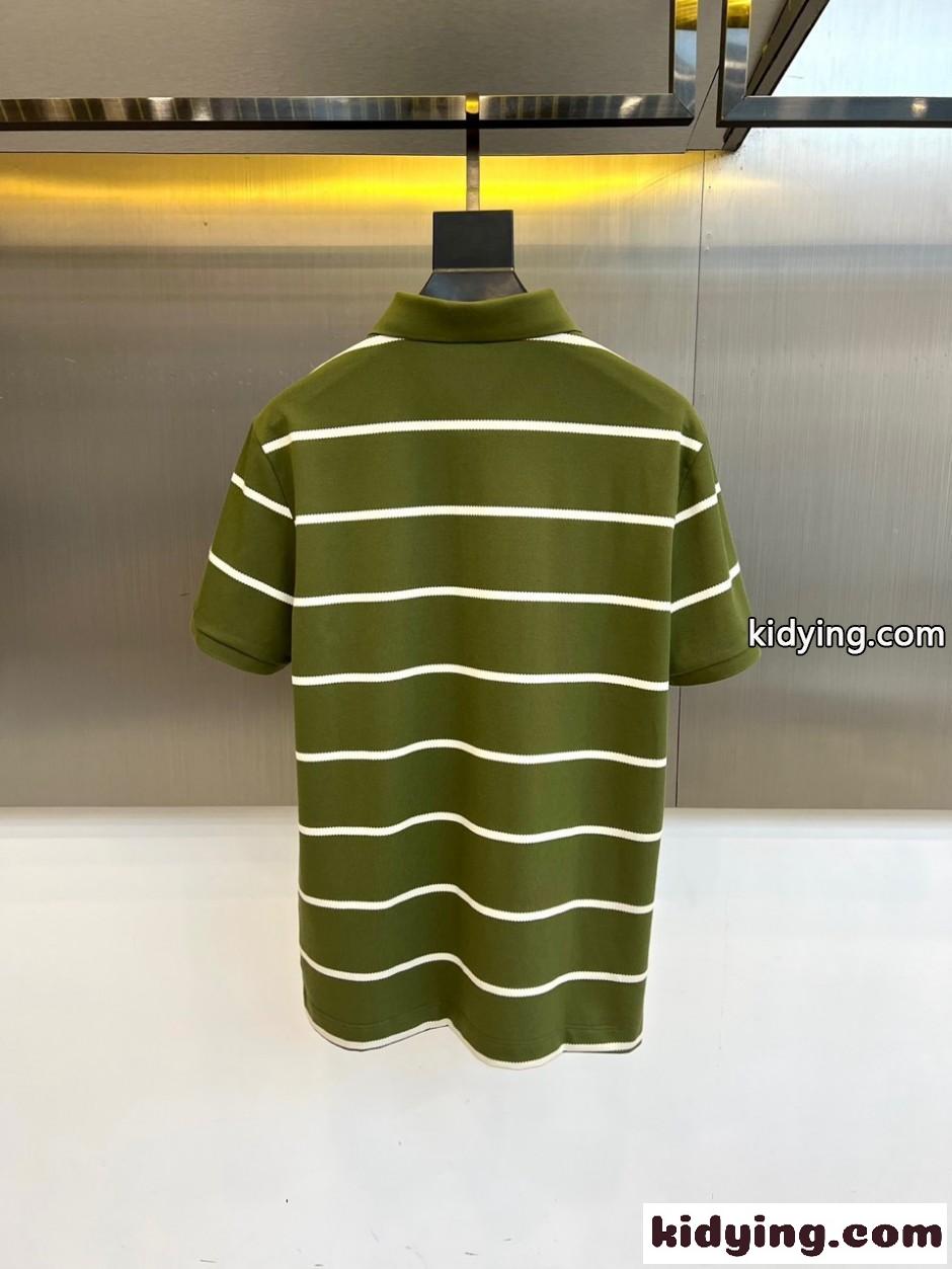 エルメネジルド・ゼニア Tシャツ 偽物 ボーダー柄 ロゴ刺繍 半袖 ポロシャツ グリーン-3