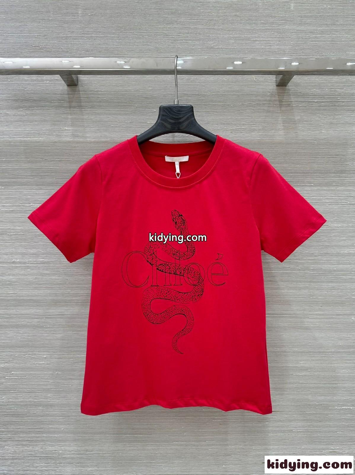 コットンジャージー ベビーフィット ロゴTシャツ クロエ Tシャツ スーパーコピー レッド-2