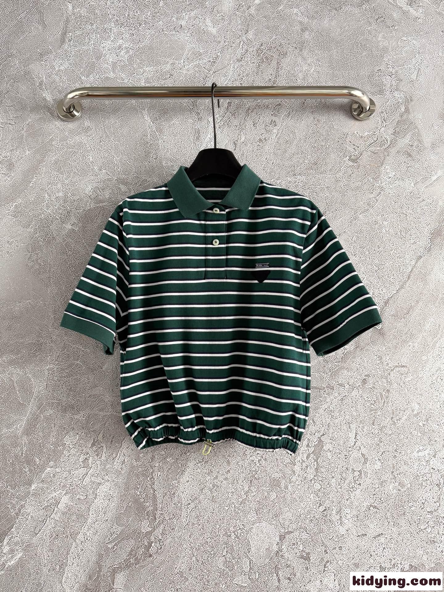 クロップド ストライプピケ ポロシャツ プラダ Tシャツ コピー 半袖Tシャツ-1