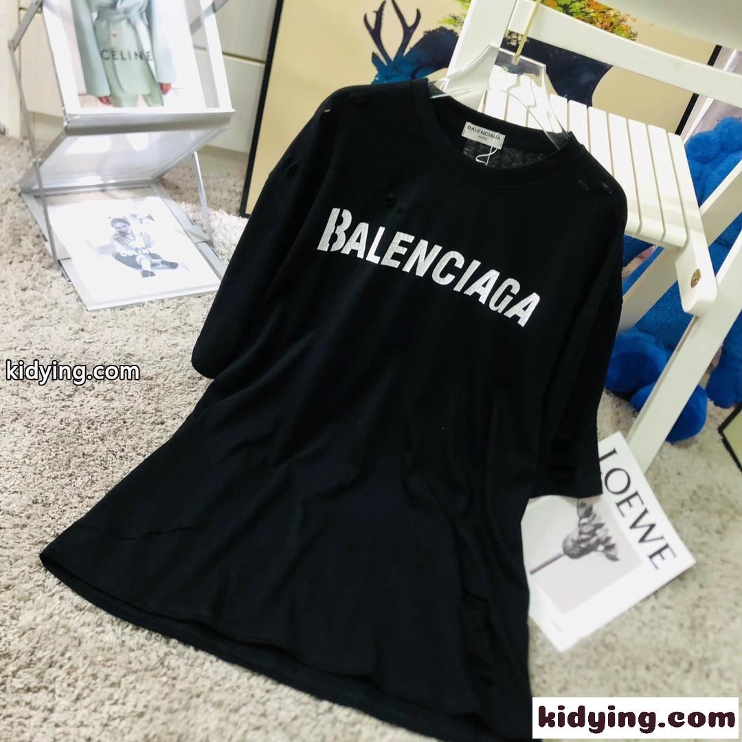 カジュアル ユニセックス ゆったり ダメージ バレンシアガ Tシャツ コピー 半袖 おしゃれ チュニック ホワイト ブラック-4