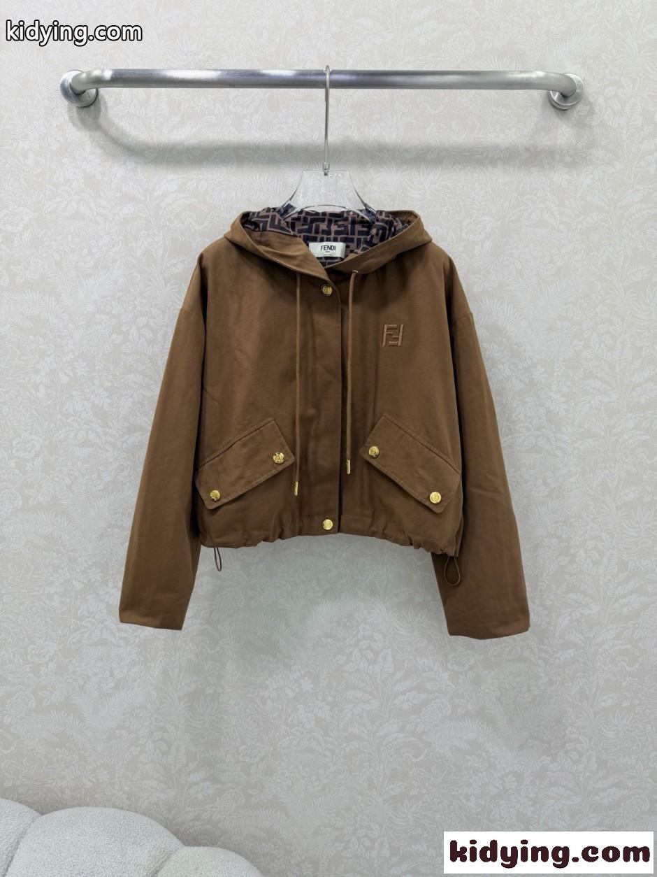 カジュアル クロップド フーデッドジャケット フェンディ ジャケット コピー ブラウン-0