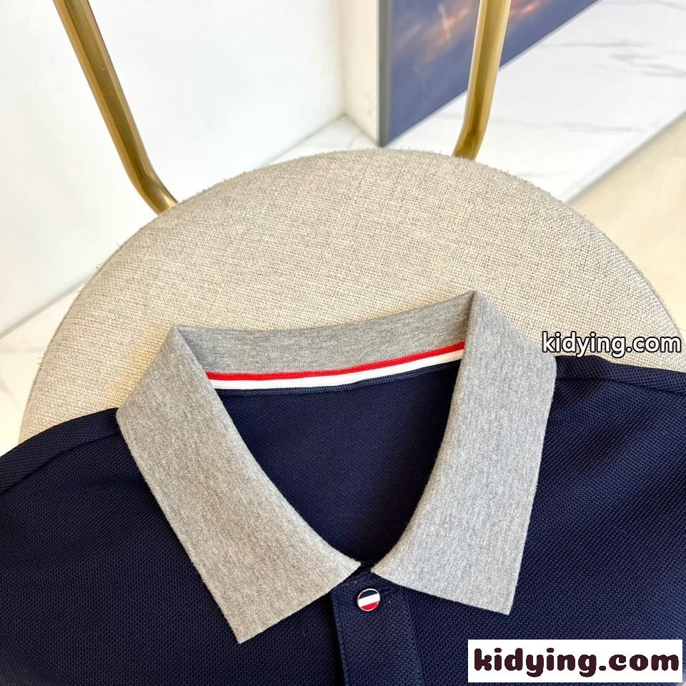 バイカラー コットン 半袖 ポロシャツ トムブラウン Tシャツ 偽物 ネイビー-4