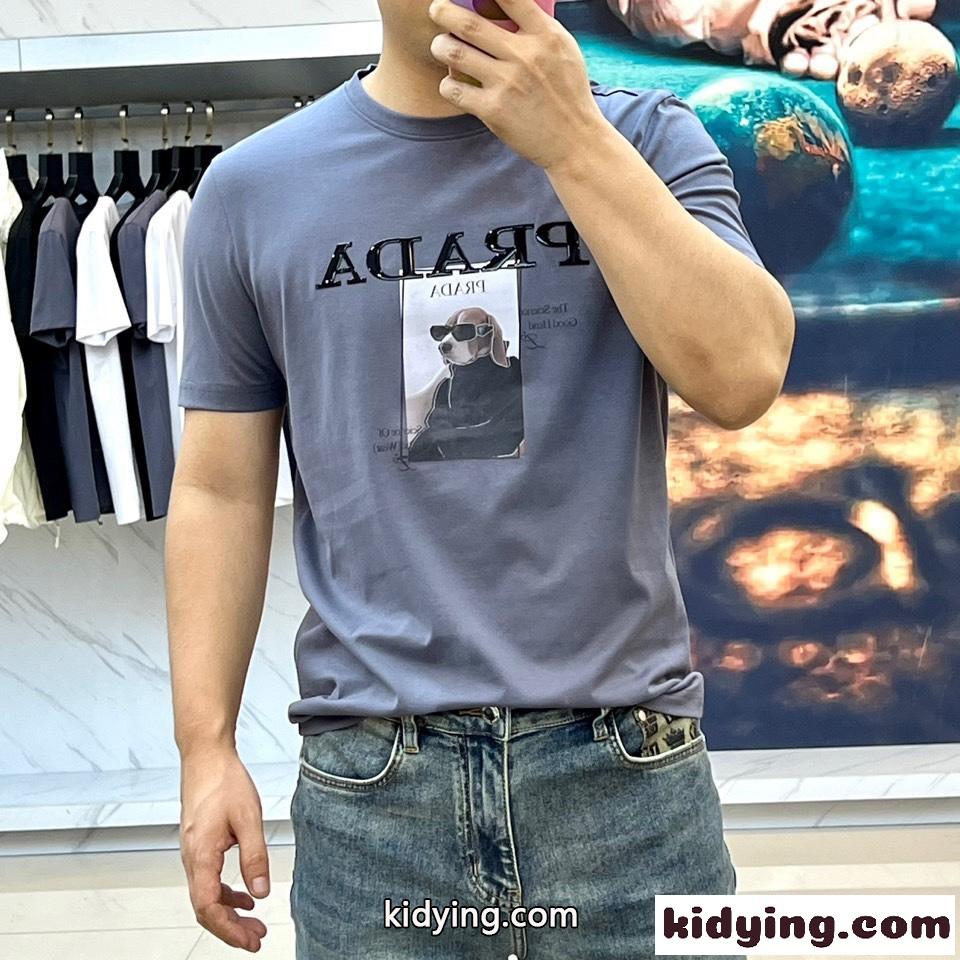 お洒落 プリント クルーネック プラダ Tシャツ コピー 半袖Tシャツ グレー-2