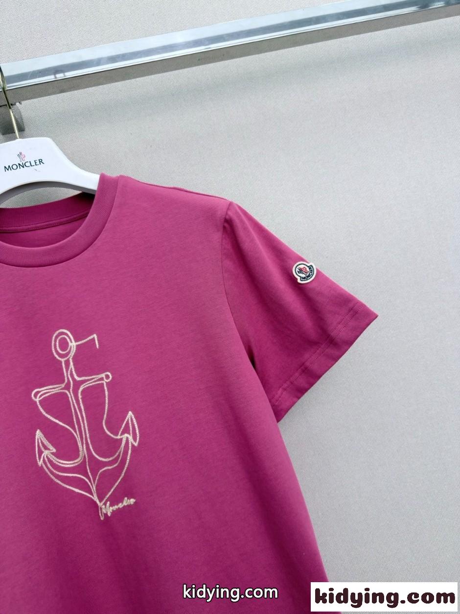 お洒落 アンカーモチーフ クルーネック半袖Tシャツ モンクレール Tシャツ 偽物 ピンク-2