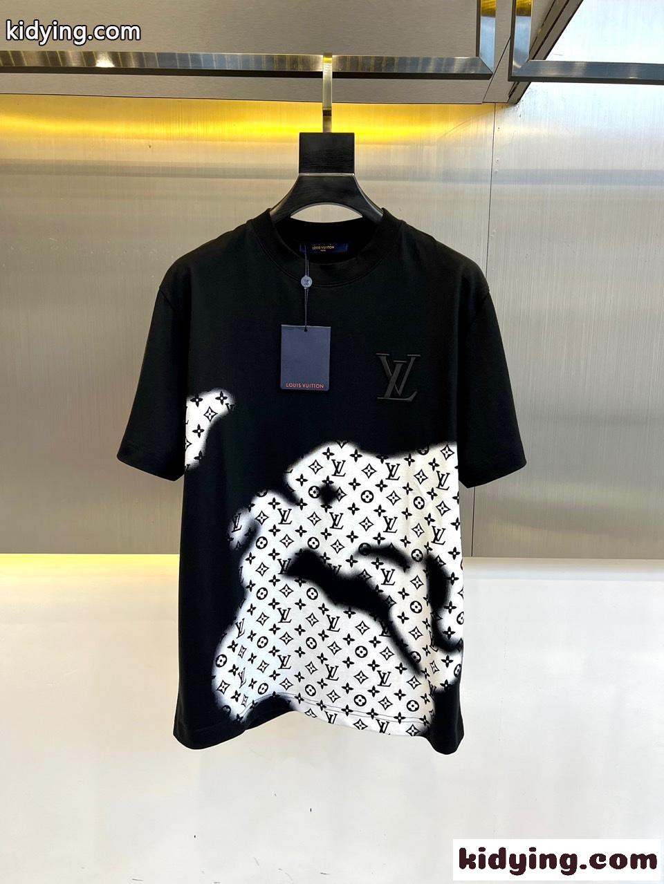 おしゃれ プリント クルーネック ルイ・ヴィトン 半袖Tシャツ コピー ブラック-2