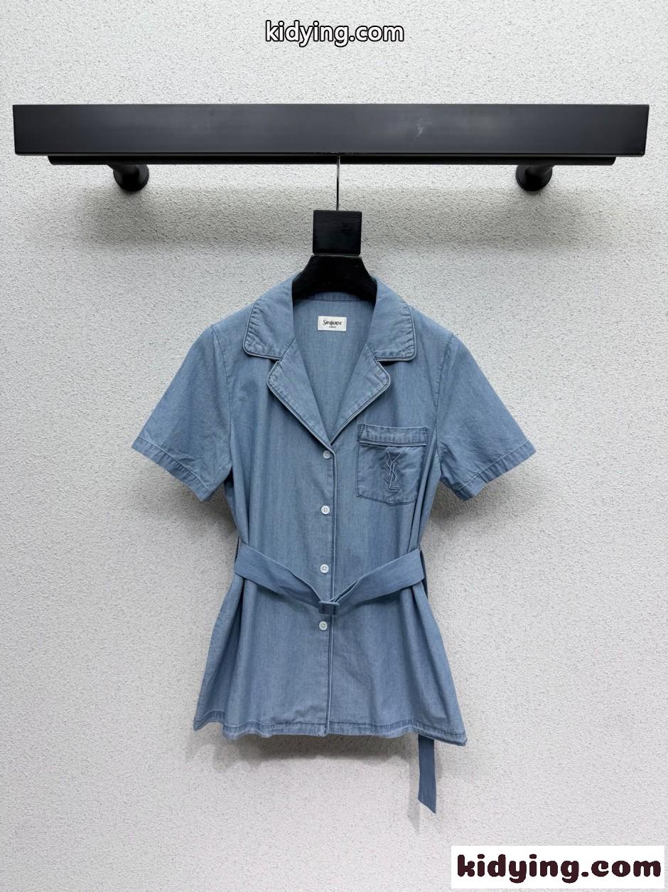 YSLロゴ ベルテッド デニム ショートスリーブシャツ イヴ・サンローラン シャツ コピー-0