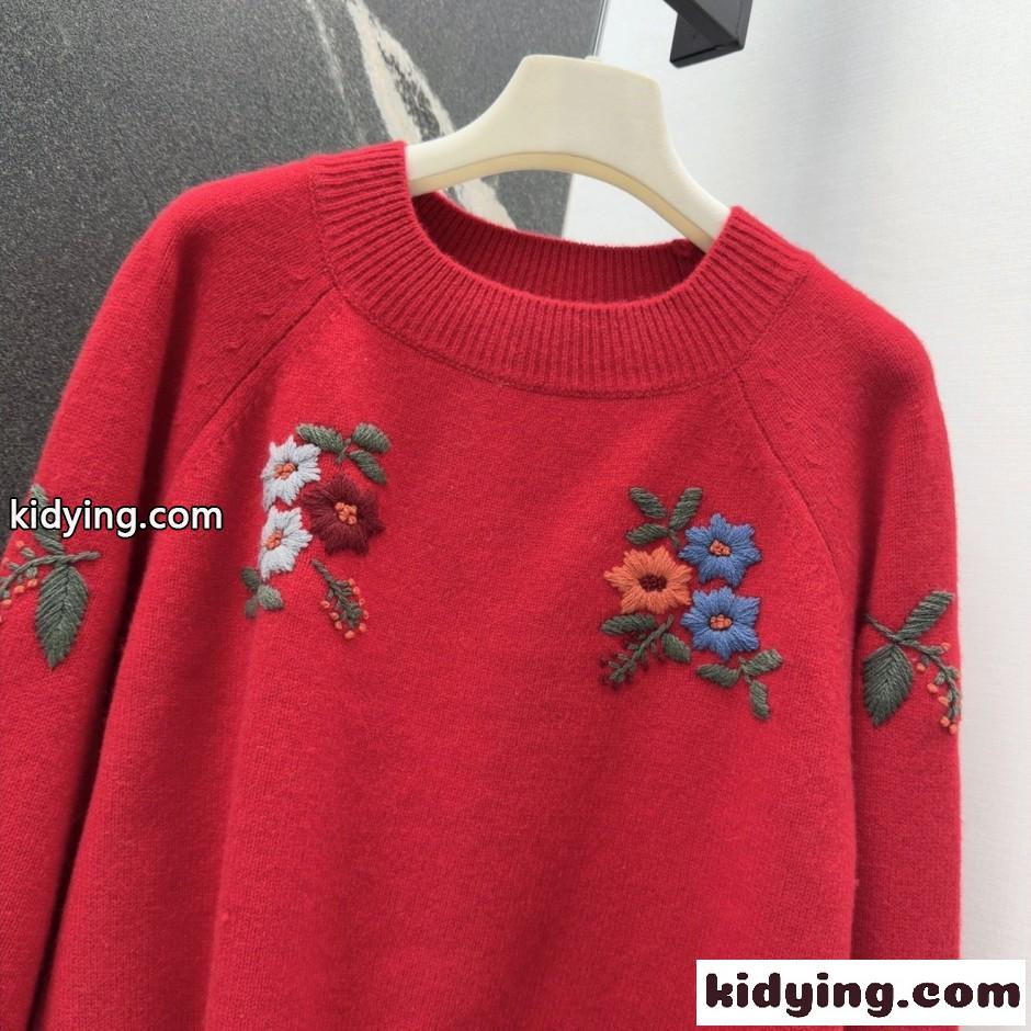フラワー刺繍 クルーネック プルオーバー グッチ セーター コピー レッド-2