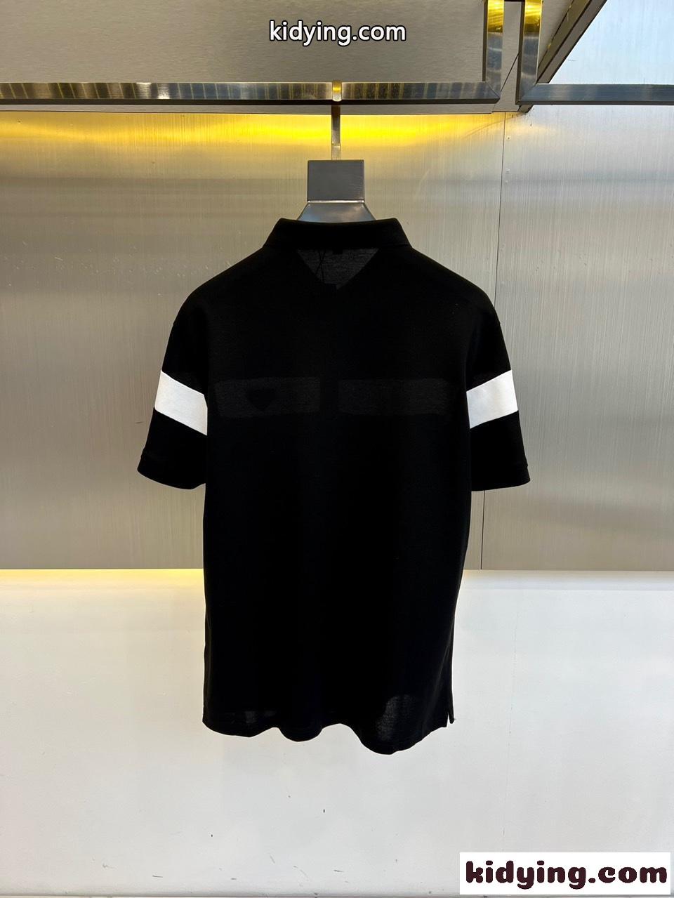 カジュアル 配色 コットンピケ ポロシャツ プラダ Tシャツ 偽物 半袖トップス ブラック-1