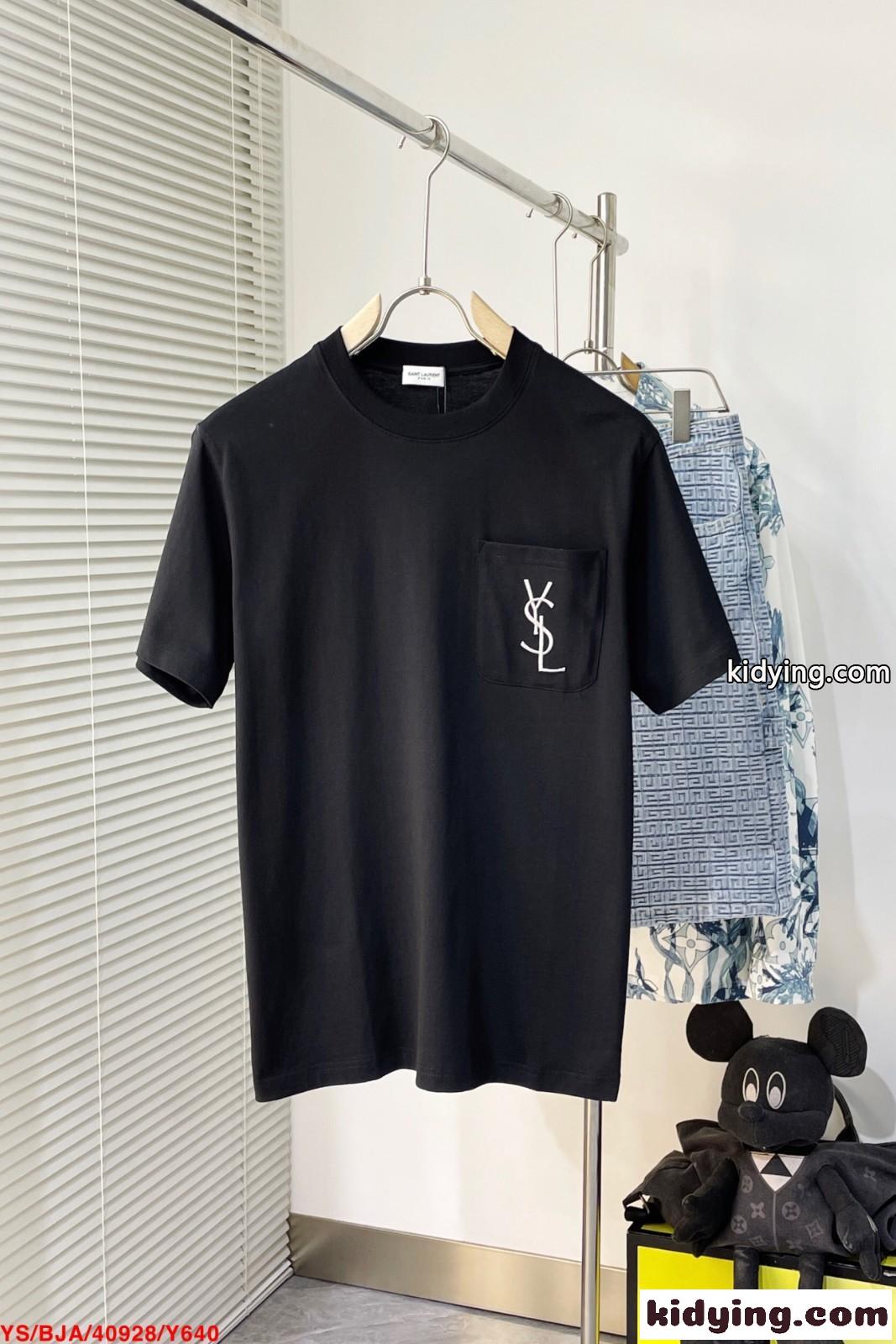 洗練された ミニマル クルーネック ロゴ 刺繍 イヴ・サンローラン Tシャツ コピー 半袖 トップス-0