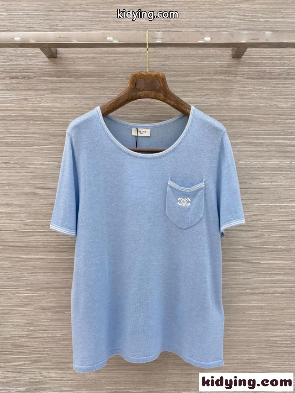 トリオンフ刺繍 クルーネックニットTシャツ セリーヌ Tシャツ 偽物 ブルー-0