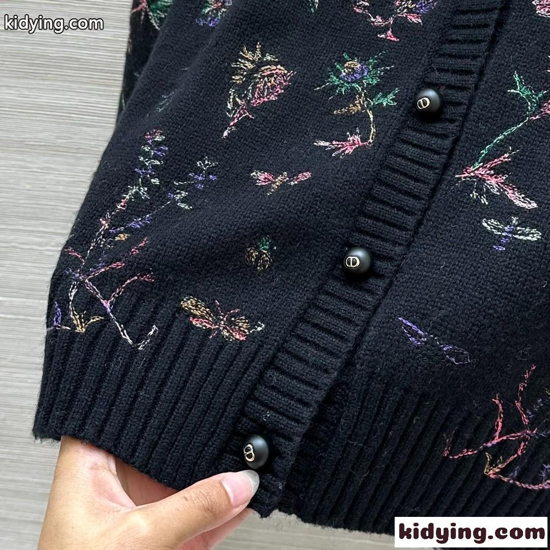 エレガント 刺繍入り Vネック カーディガン クリスチャン・ディオール ニット コピー ブラック-3