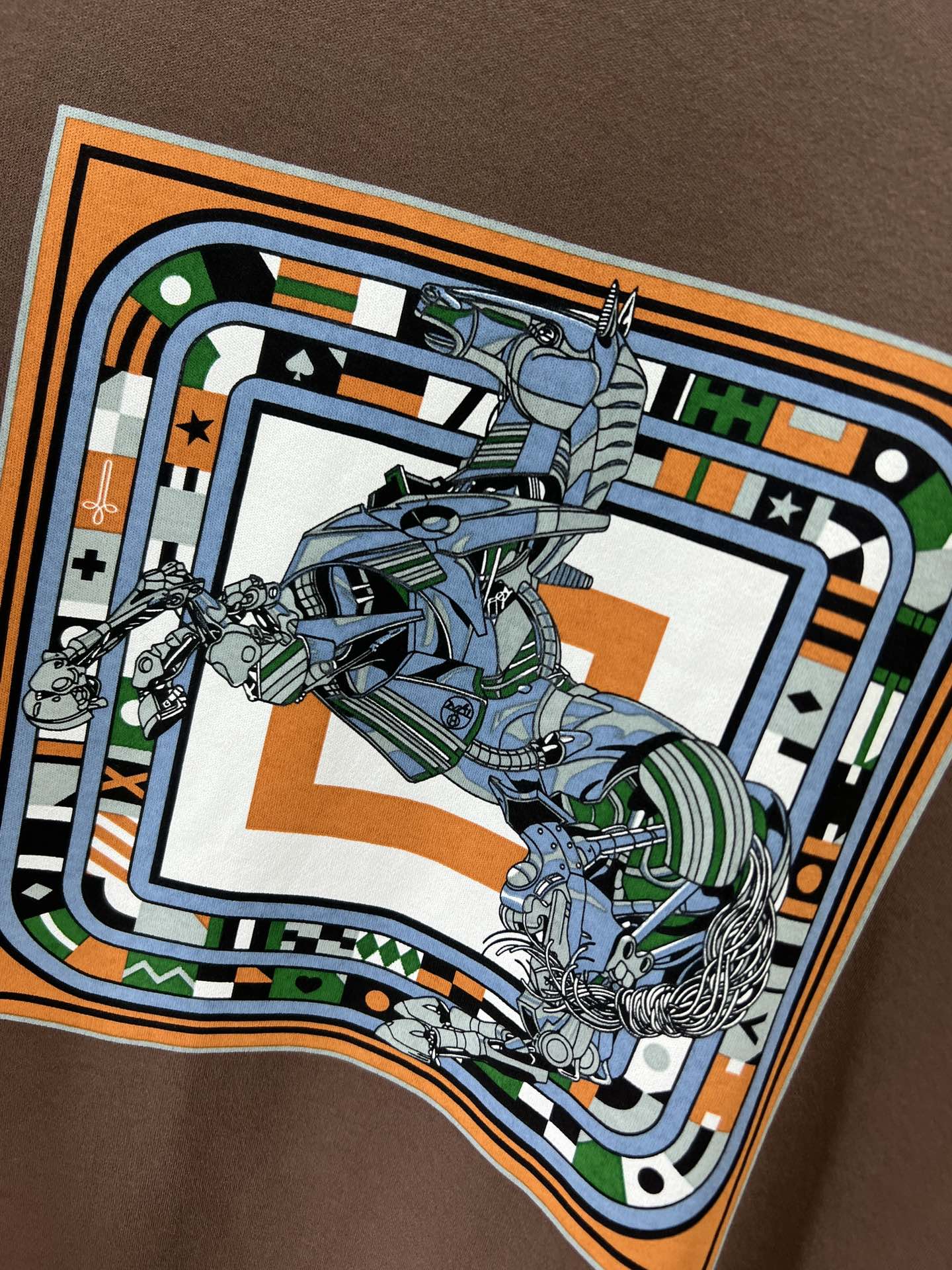ベーシック プリント クルーネック 長袖Tシャツ エルメス Tシャツ コピー ブラウン-3