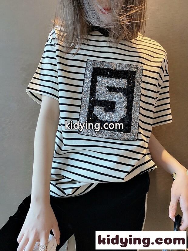 オシャレ 人気 ストライプ ラウンドネック ゆったり カジュアル シャネル tシャツ コピー 半袖 トップス-2
