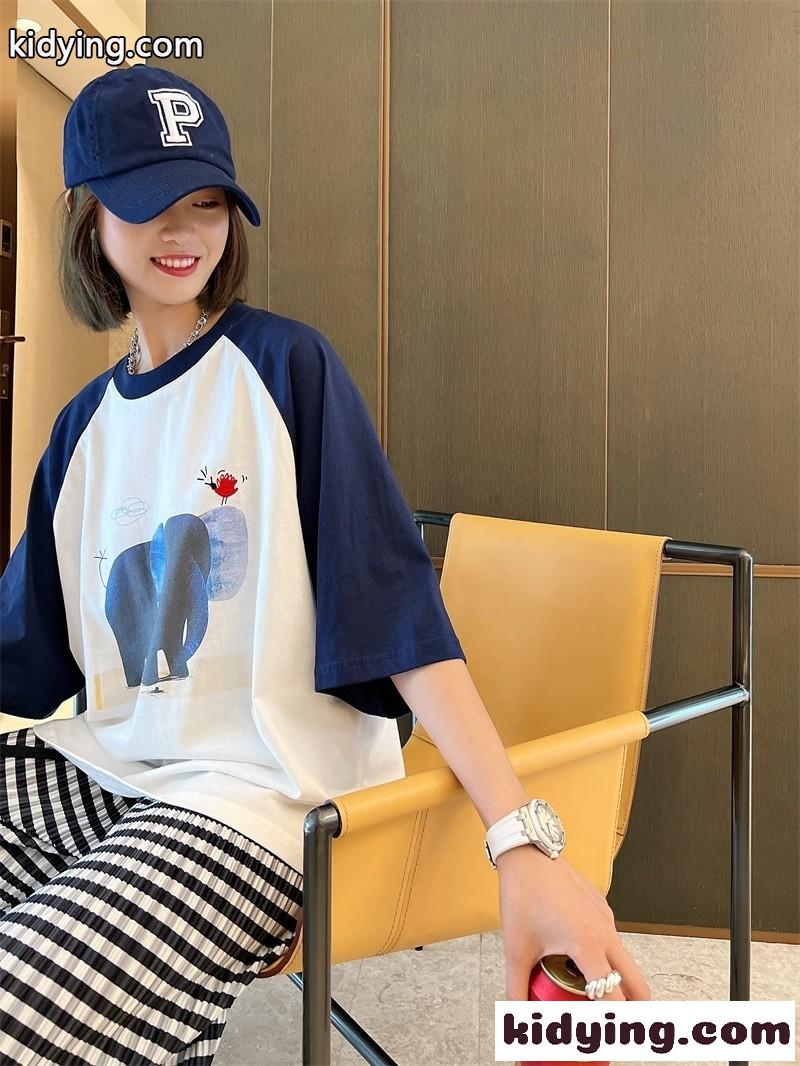 オーバーサイズ 可愛い プリント 人気 ミュウミュウ 半袖tシャツ コピー カジュアル バイカラー-3