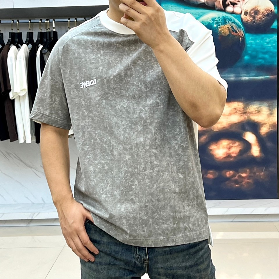 ロエベ Tシャツ 偽物 カジュアル 切り替え コットン クルーネック 半袖Tシャツ-1