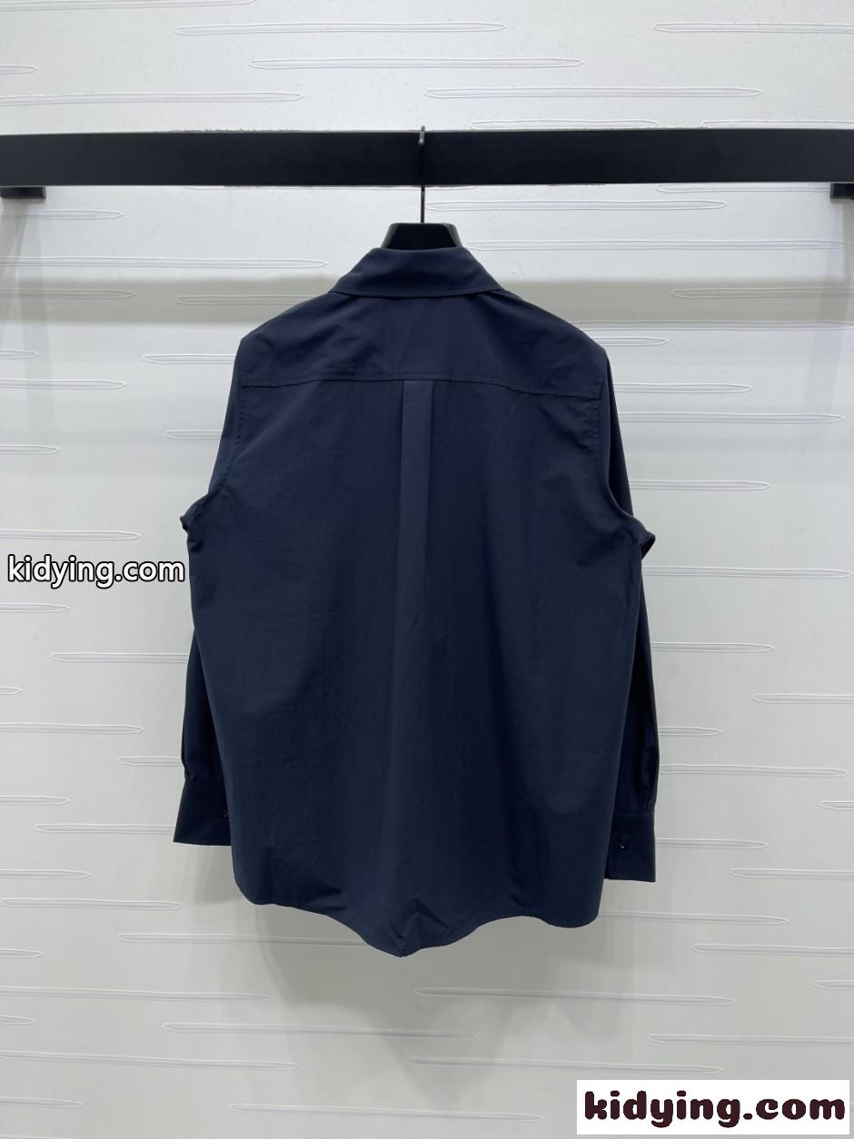 シンプル トライアングルロゴ コットン 長袖シャツ プラダ シャツ 偽物 ネイビー-3