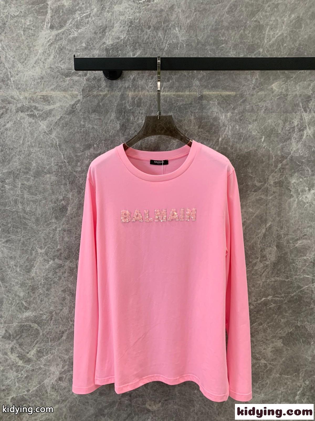 シンプル ロゴ入り 長袖Tシャツ バルマン Tシャツ コピー ピンク-0
