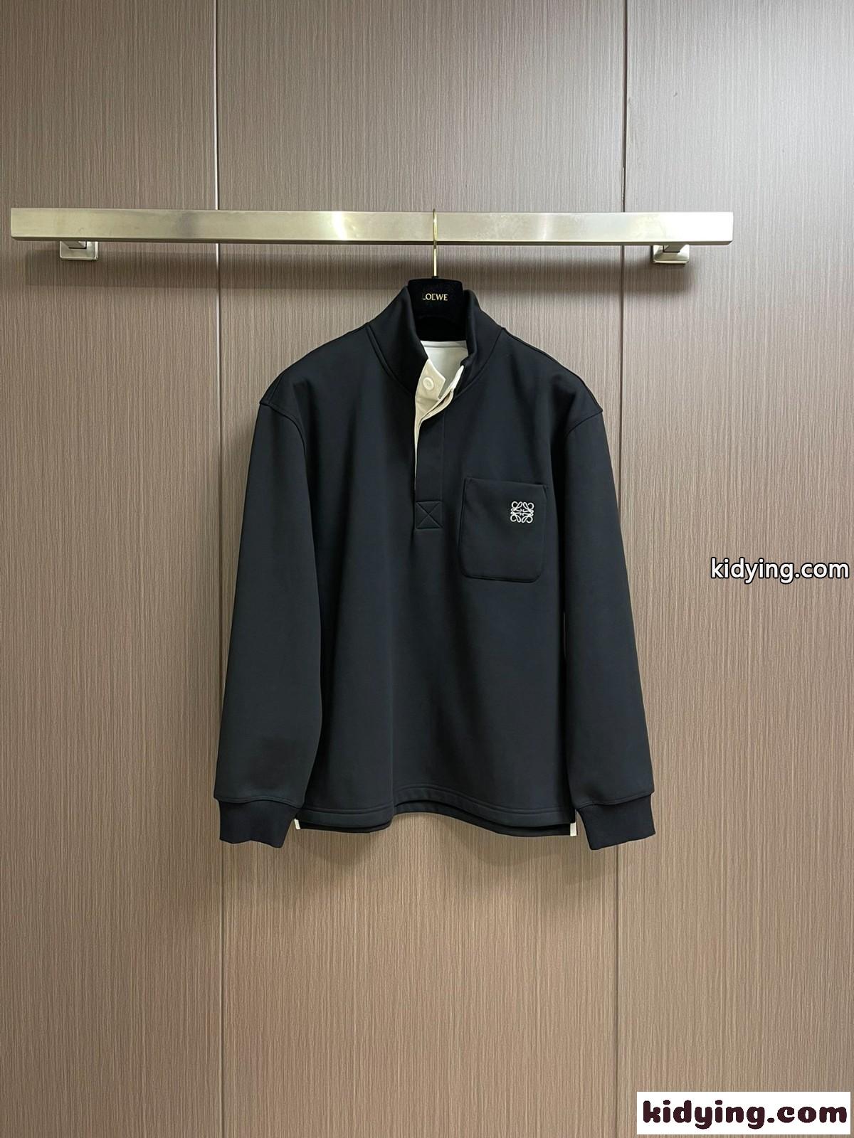 裏起毛 コットン ハーフボタン スウェットシャツ ロエベ Tシャツ コピー ブラック-0