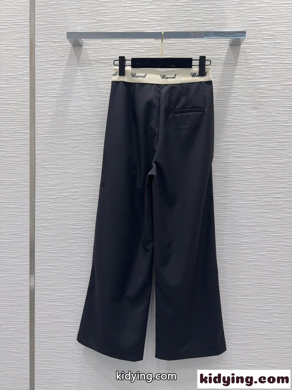 ロゴウエスト ワイドレッグパンツ シャネル スラックス コピー ブラック-4