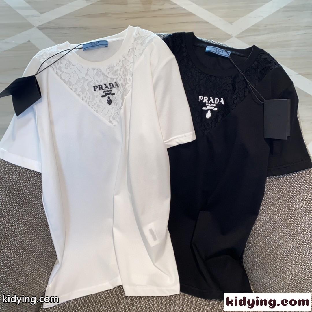 スウィート おしゃれ レース 切り替え クルーネックプラダ 半袖tシャツ コピー ロゴ トップス-0