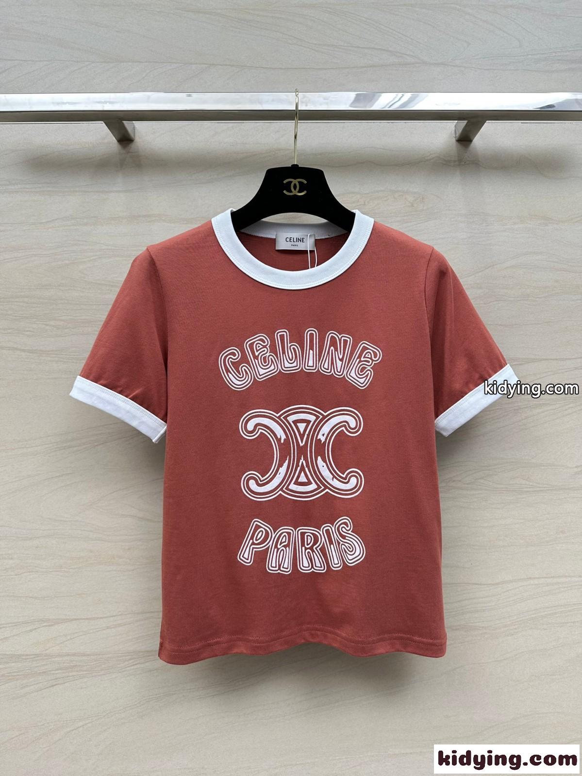 定番 人気 ロゴ クルーネック 半袖Tシャツ セリーヌ Tシャツ コピー レンガ-2
