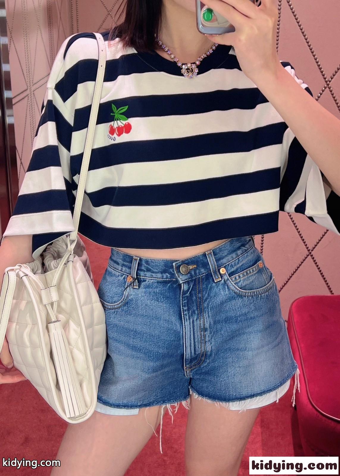 ストライプ コットン クロップド Tシャツ グッチ Tシャツ コピー レディース-4