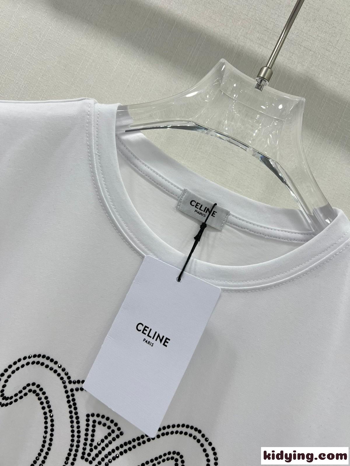 ラインストーン付き ロゴ 半袖Tシャツ セリーヌ Tシャツ コピー ホワイト-1