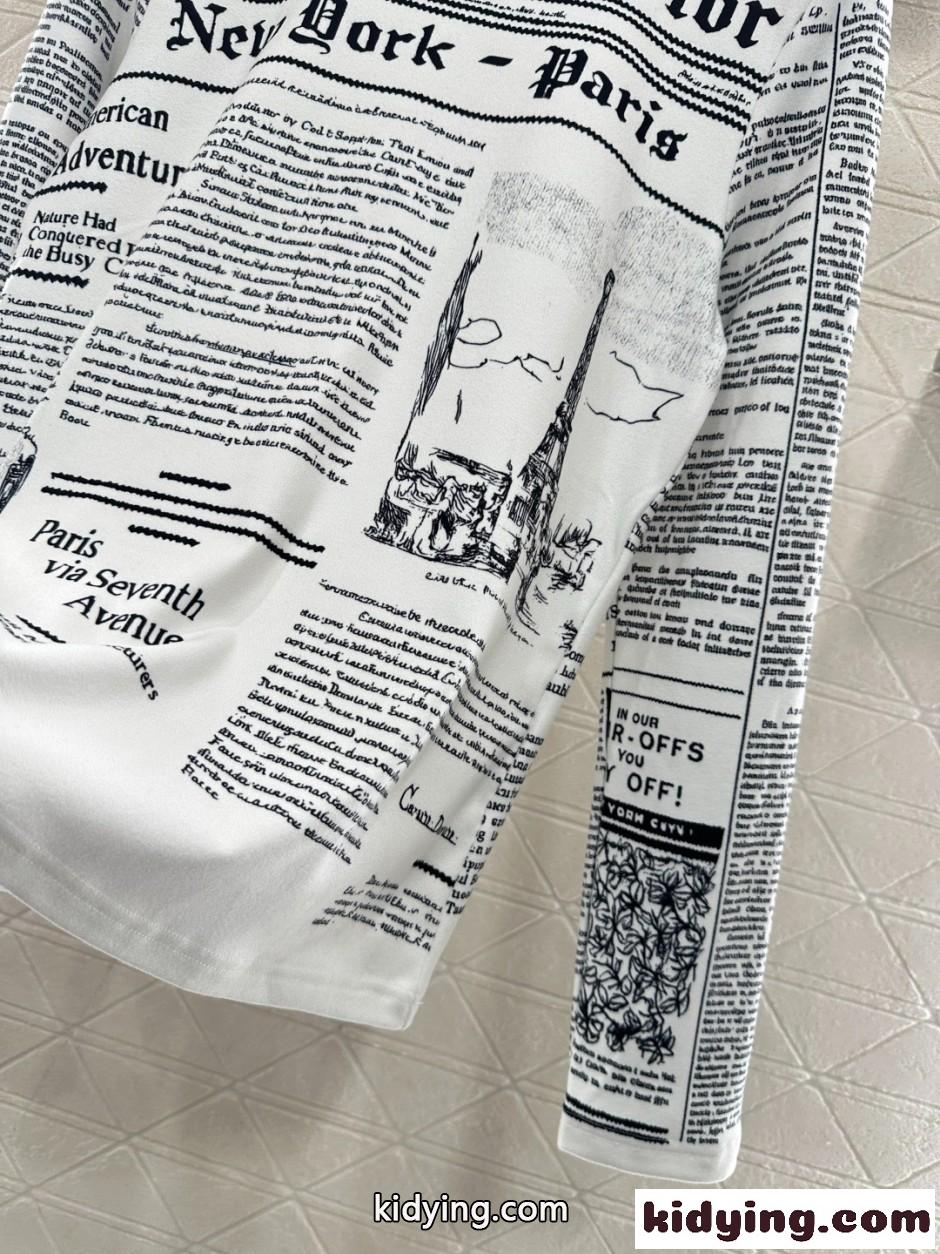 目を引く Newspaper クルーネック プルオーバー クリスチャン・ディオール Tシャツ 偽物 ホワイト-0