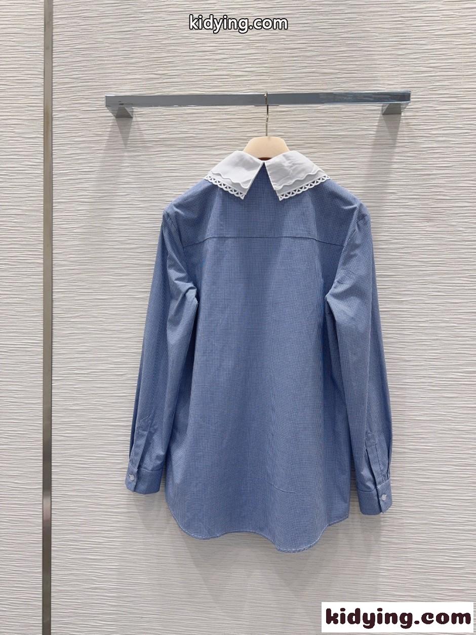 ギンガムチェック コットンシャツ ミュウミュウ シャツ コピー ブルー-4
