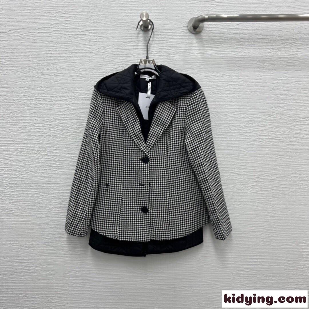 カジュアル 2-IN-1 ジャケット 千鳥格子 BEEの刺繍 クリスチャン・ディオール ジャケット コピー フード付-0