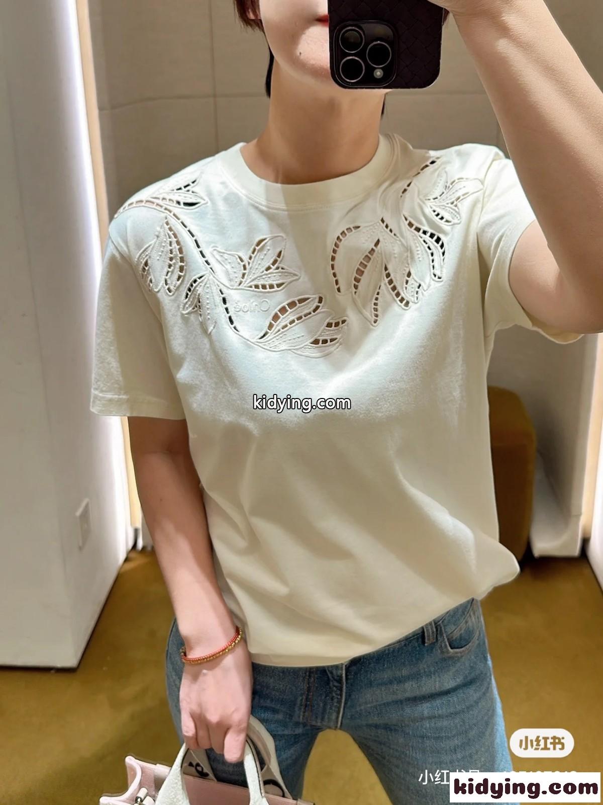 シンプル エレガント 刺繍入り 半袖Tシャツ クロエ Tシャツ コピー ベージュ-4