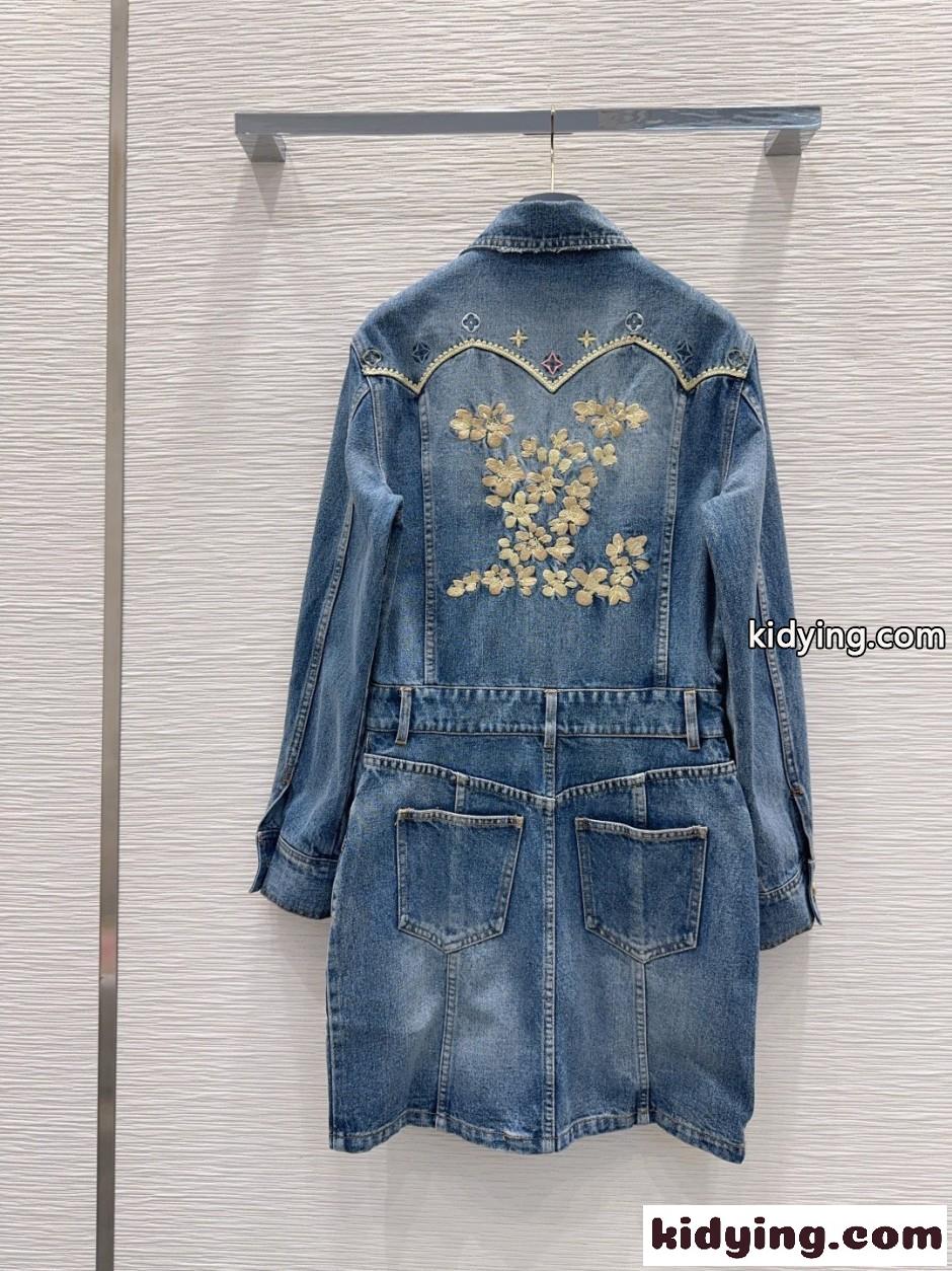 刺繍入り デニム シャツワンピース ルイ・ヴィトン ワンピース コピー コットン-4