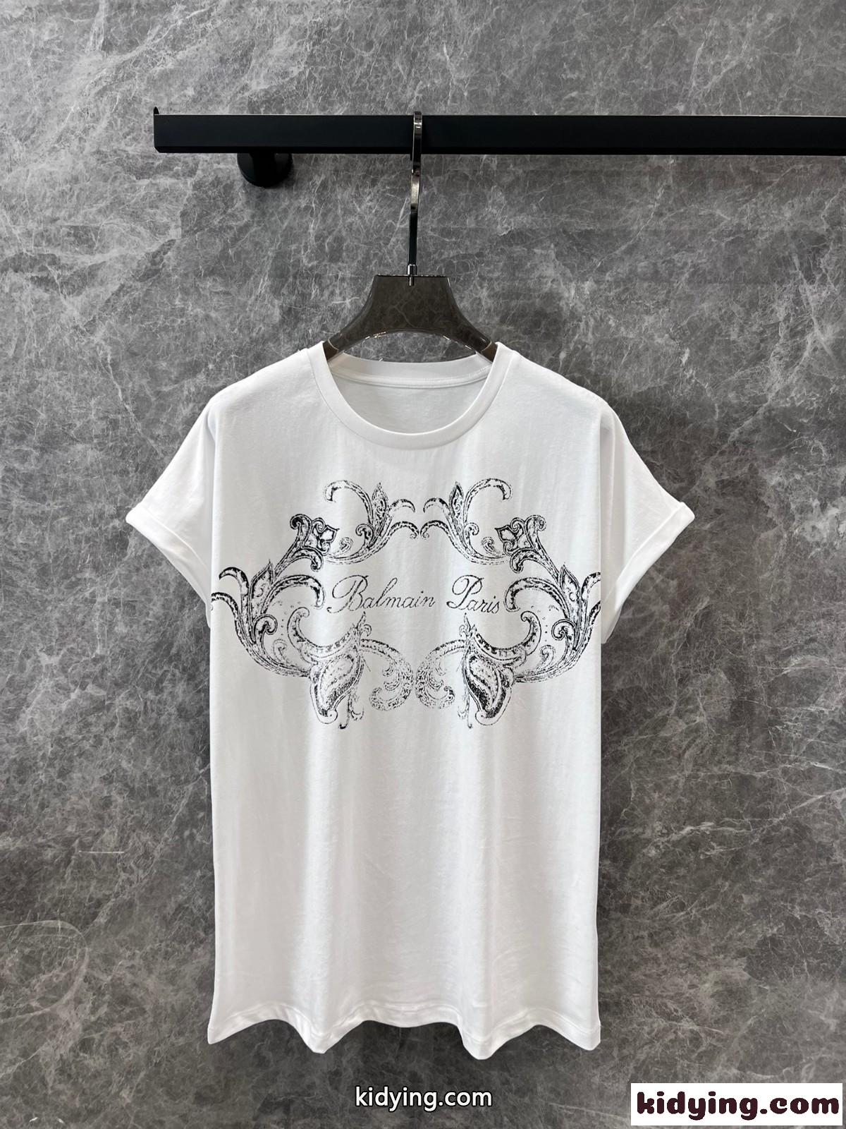 Balmain シグネチャー ペイズリー Tシャツ バルマン 半袖Tシャツ コピー レディース ホワイト-1
