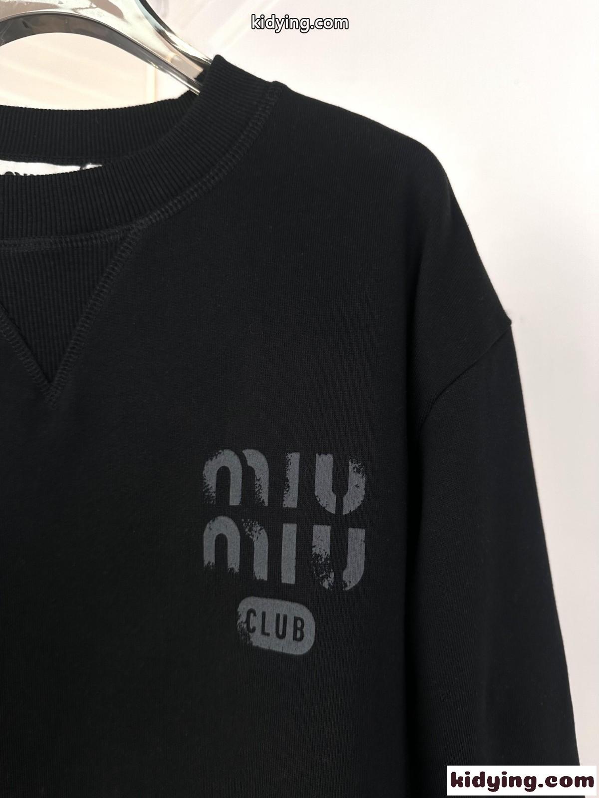 コットン クルーネック スウェットシャツ ミュウミュウ Tシャツ コピー ブラック-1