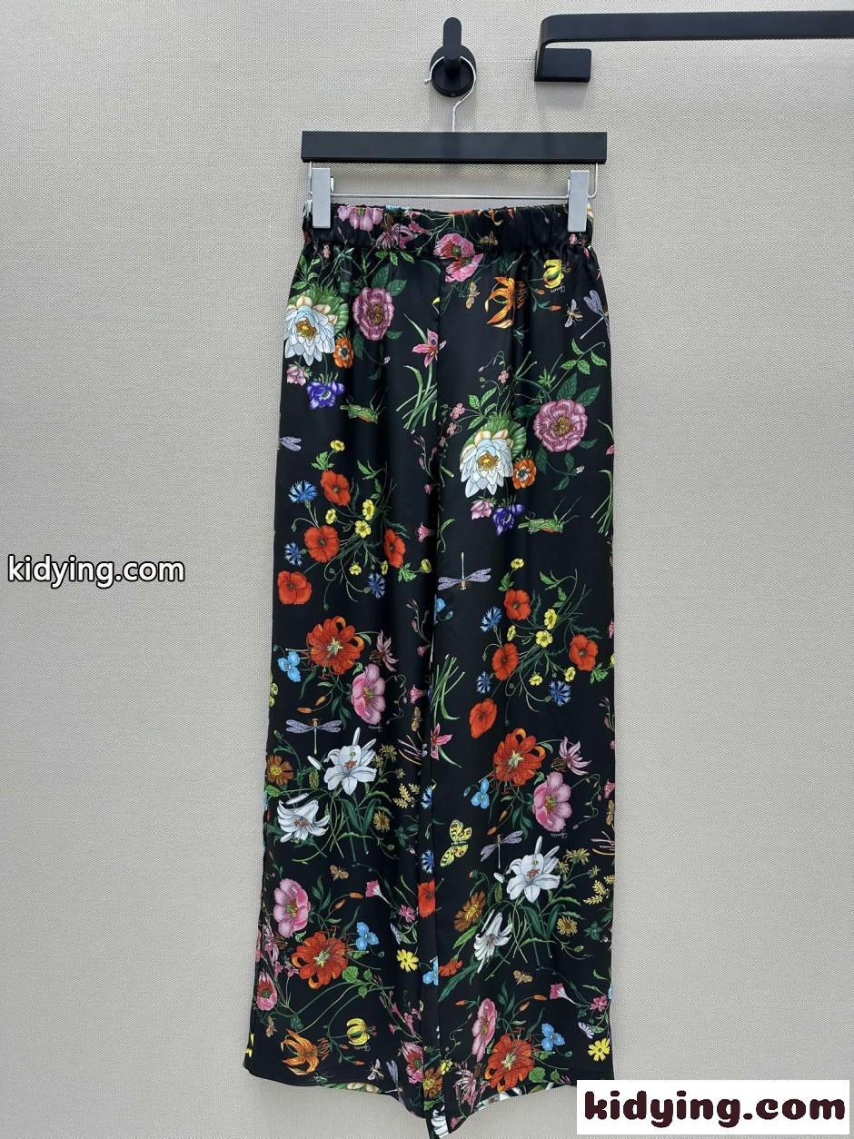 フローラ プリント シルク ワイドパンツ グッチ パンツ コピー ブラック-0