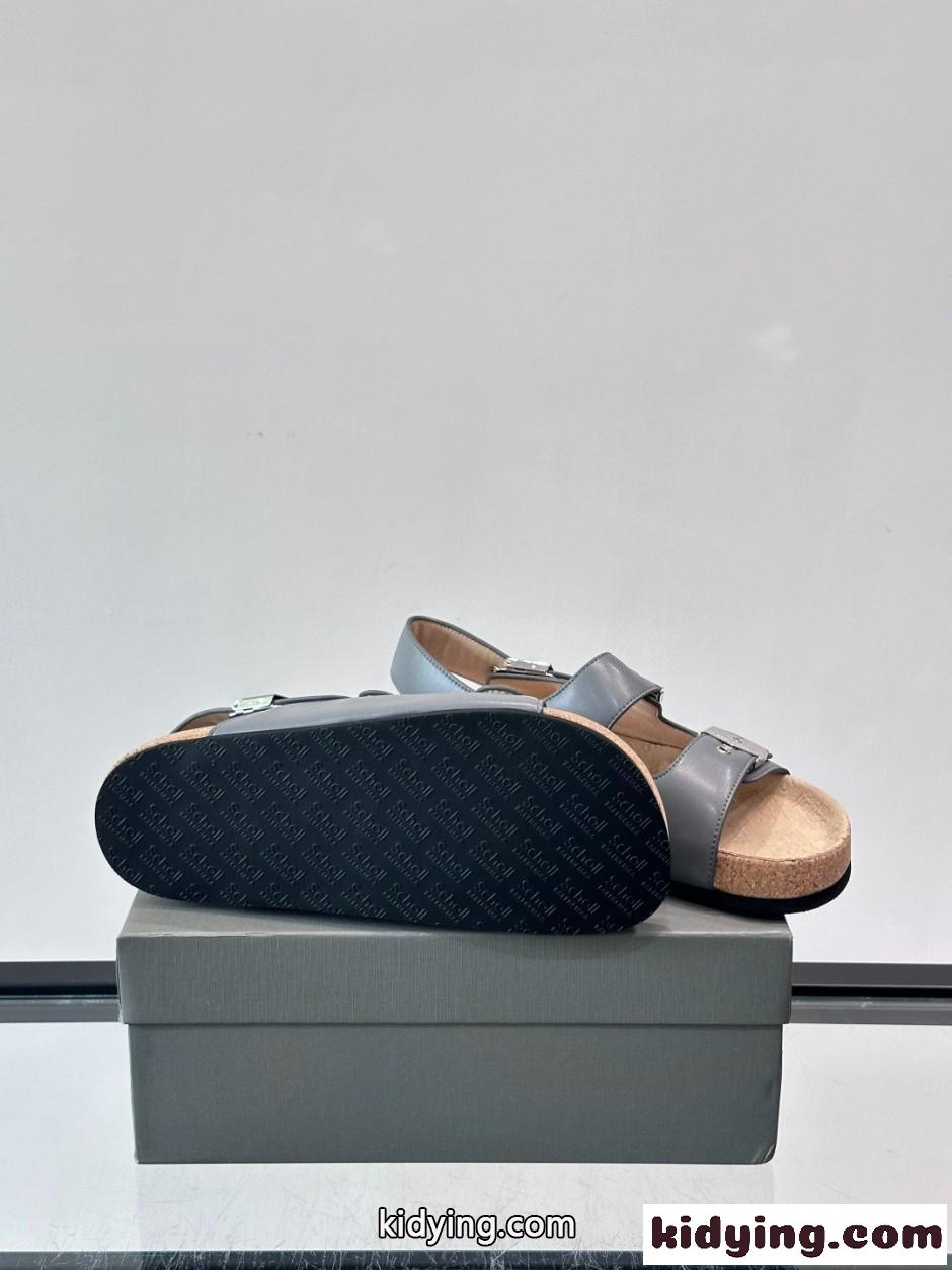 カジュアル 人気 バレンシアガ x Scholl レザー サンダル スーパーコピー グレー-4